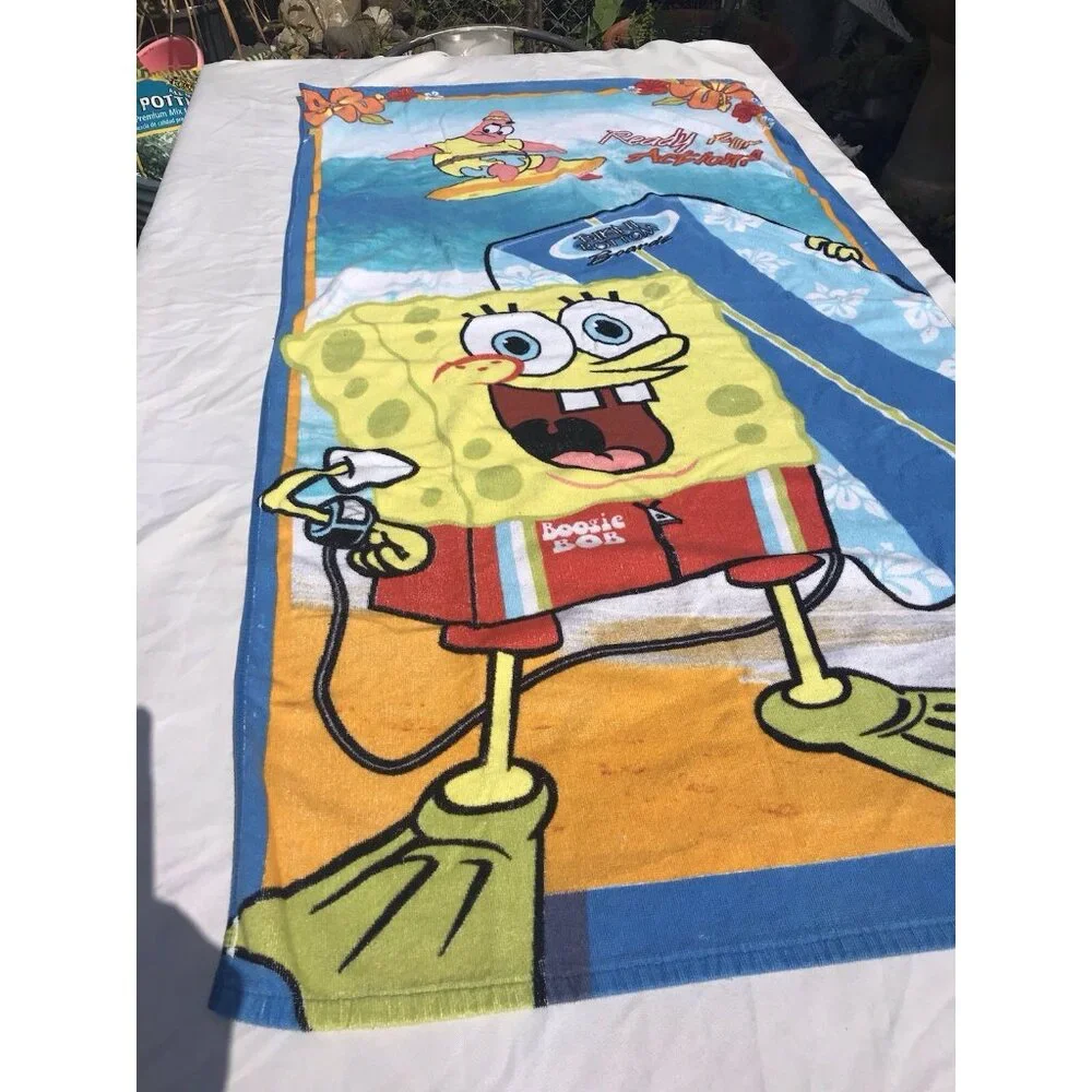 Vtg Y2K SpongeBob Ready Action Beach Towel Nickelodeon 28”x53” Surfboards Retro